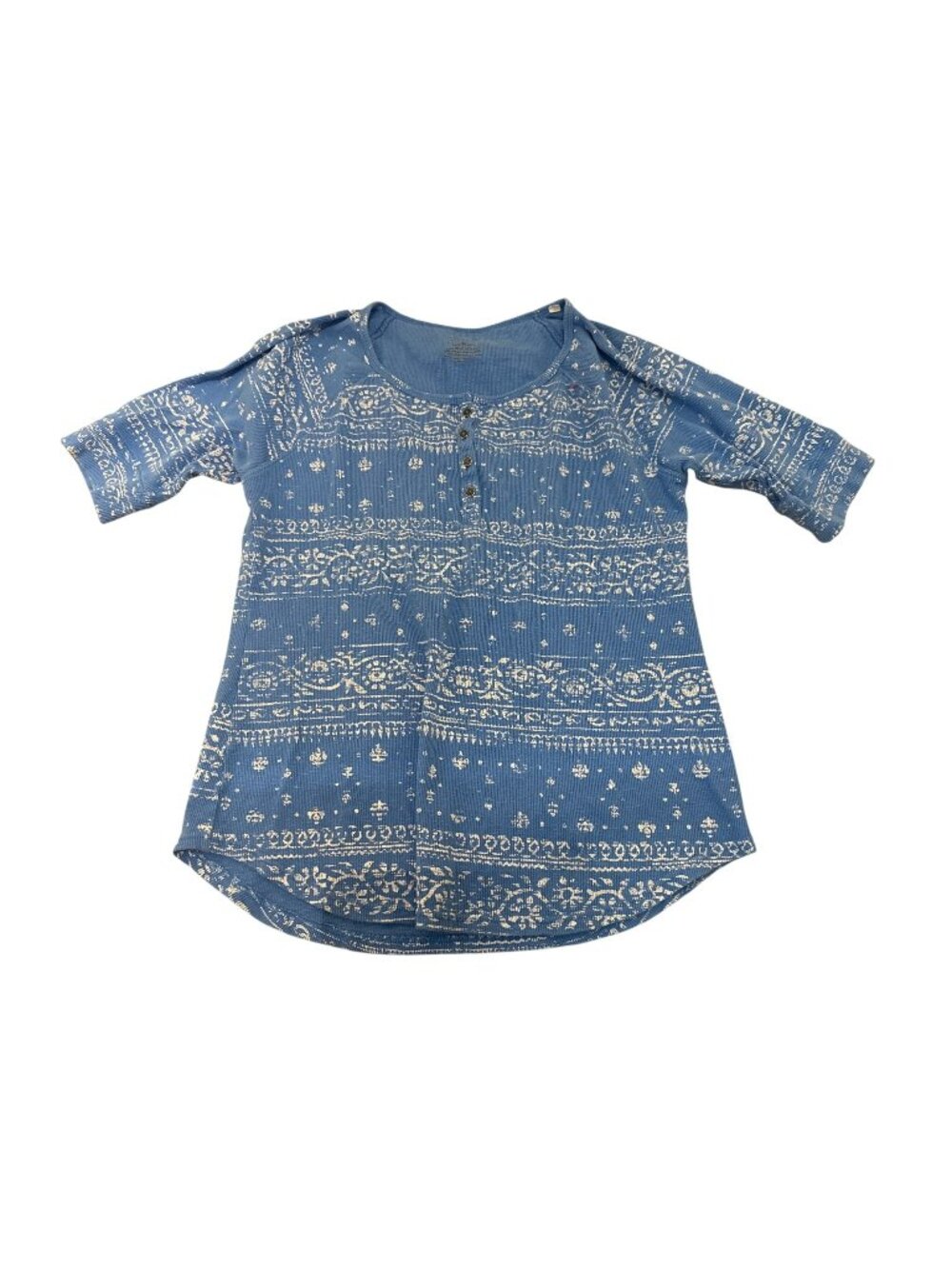 Sonoma Lifestyle Womens Blue Henley Top Large Graphic Boho Artsy Ribbed